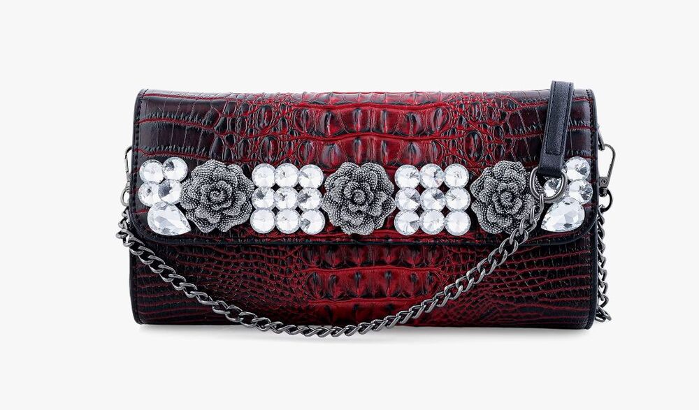 Red Crocodile Embossed Faux Leather Sparkling Rhinestone Rose Crossbody Bag